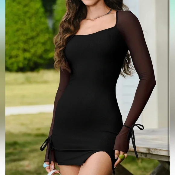 HYPERFIRE Women's Mesh Long Sleeve Square Neck Split Hem Bodycon Mini Dress - Picture 2 of 4